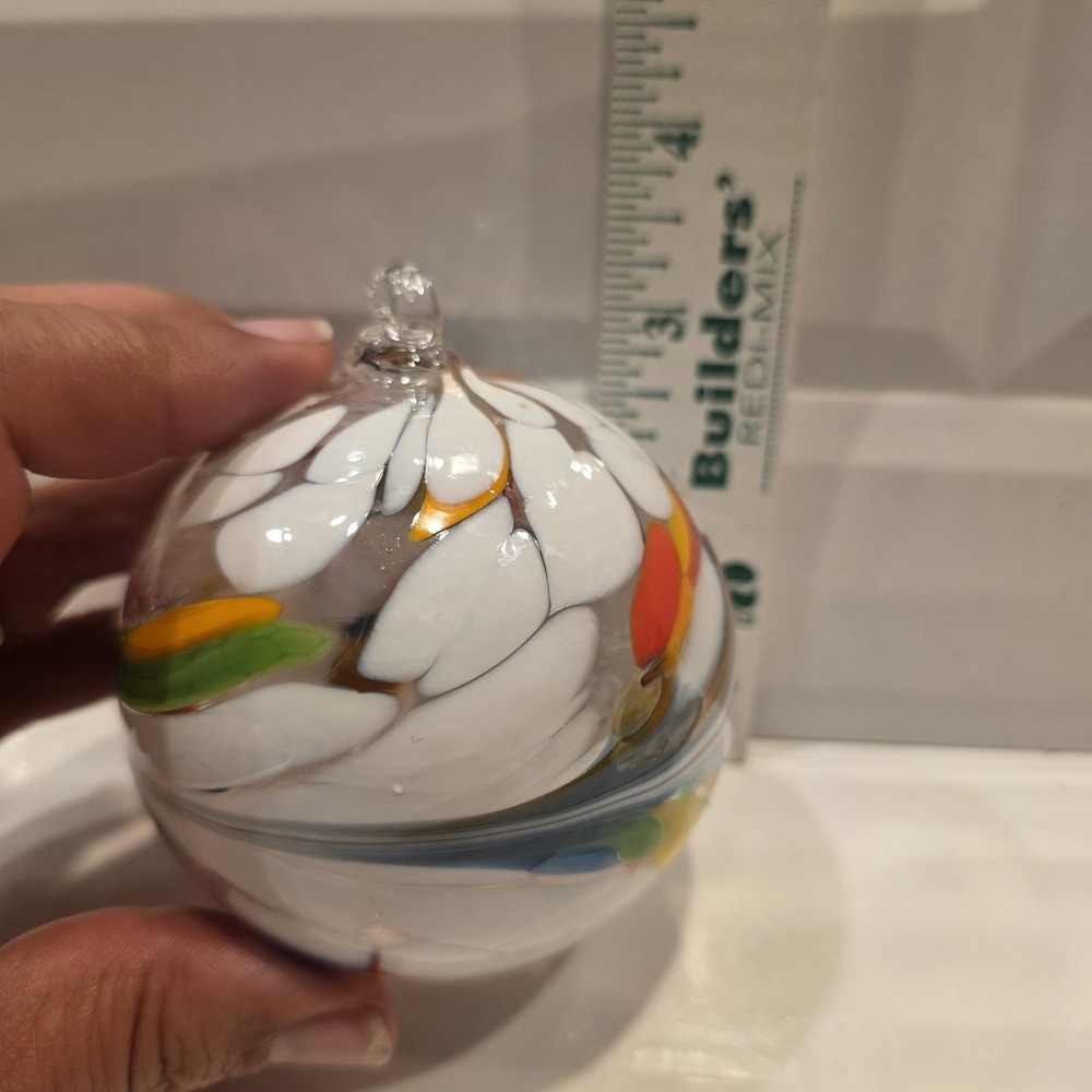 Set Of 2 Art Glass Hand Blown Christmas Ornament Orb Balls Blue Swirl & Multi - Picture 12 of 13